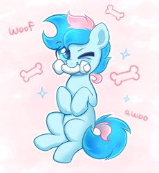 Size: 3192x3465 | Tagged: safe, artist:confetticakez, imported from derpibooru, oc, oc only, oc:blue chewings, earth pony, pony, behaving like a dog, bone, cute, high res, hooves to the chest, male, one eye closed, outline, sitting, solo, wink