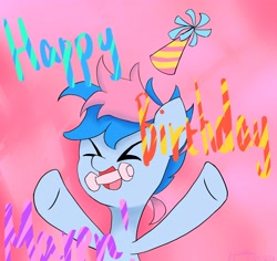 Size: 4096x3871 | Tagged: safe, artist:hiiro, imported from derpibooru, oc, oc only, oc:blue chewings, earth pony, pony, ><, birthday, bust, eyes closed, hat, high res, open mouth, party hat, solo