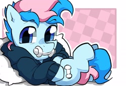 Size: 2200x1500 | Tagged: safe, artist:matterproblem, imported from derpibooru, oc, oc only, oc:blue chewings, pony, clothes, hoodie, looking at you, lying down, on back, pillow, solo