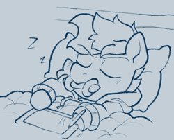 Size: 794x641 | Tagged: safe, artist:matterproblem, imported from derpibooru, oc, oc only, oc:blue chewings, earth pony, pony, bed, clothes, drawing tablet, hoodie, monochrome, sleeping, solo