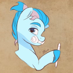 Size: 3126x3126 | Tagged: safe, artist:artharuhi, imported from derpibooru, oc, oc only, oc:blue chewings, earth pony, pony, alternate hairstyle, bust, high res, hoof hold, profile, solo, stylus, unshorn fetlocks