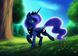 Size: 1408x1024 | Tagged: safe, imported from derpibooru, princess luna, alicorn, pony, ai assisted, ai content, beautiful, cute, day, ethereal mane, ethereal tail, female, forest, generator:pony diffusion v1, generator:stable diffusion, grass, grass field, lidded eyes, long tail, looking at you, lunabetes, mare, nature, prancing, prompter:siber, raised hoof, sky, smiling, smiling at you, solo, summer, tail, tree