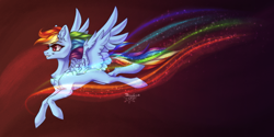 Size: 2000x1000 | Tagged: safe, artist:jsunlight, imported from derpibooru, rainbow dash, pegasus, pony, chest fluff, concave belly, ear fluff, female, flying, mare, slim, solo, spread wings, thin, wallpaper, wings