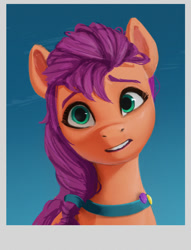 Size: 577x756 | Tagged: safe, artist:appletree_at, imported from derpibooru, sunny starscout, earth pony, pony, spoiler:g5, bust, confused, female, g5, gradient background, looking at you, mare, polaroid, portrait, solo