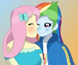 Size: 3162x2636 | Tagged: safe, artist:doggorob, imported from derpibooru, fluttershy, rainbow dash, human, equestria girls, cheek kiss, female, flutterdash, kissing, lesbian, shipping