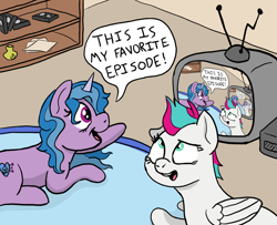 Size: 1764x1433 | Tagged: safe, artist:doodledonutart, imported from derpibooru, izzy moonbow, zipp storm, pegasus, pony, unicorn, droste effect, duo, female, g5, inception, mare, recursion, spaceballs the tag, television