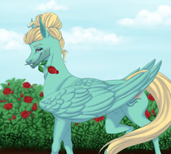 Size: 1280x1151 | Tagged: safe, artist:clouris, imported from derpibooru, zephyr breeze, pegasus, pony, flower in mouth, looking at you, male, rose, rose in mouth, smiling, solo, stallion