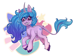 Size: 1280x955 | Tagged: safe, artist:kaninvakker, imported from derpibooru, izzy moonbow, classical unicorn, pony, unicorn, cloven hooves, curved horn, female, g5, grin, horn, leonine tail, simple background, smiling, transparent background, unshorn fetlocks