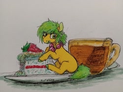 Size: 2048x1542 | Tagged: safe, artist:purple-blep, imported from derpibooru, oc, oc:aden, earth pony, pony, cake, eating, food, herbivore, marker drawing, small, tea, tiny, tiny ponies, traditional art