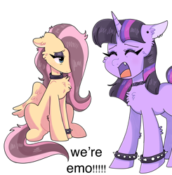 Size: 1340x1369 | Tagged: safe, artist:paamyu, imported from derpibooru, fluttershy, twilight sparkle, pony, unicorn, chest fluff, choker, duo, emo, emo twilight, emoshy, eyes closed, eyeshadow, floppy ears, makeup, open mouth, simple background, spiked wristband, unicorn twilight, we're emo, white background, wristband