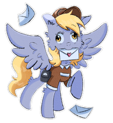 Size: 1532x1671 | Tagged: safe, artist:paamyu, imported from derpibooru, derpy hooves, pegasus, pony, blonde, blonde hair, chest fluff, cute, female, food, heart, letter, looking at you, lovely, mailmare, mouth hold, muffin, png, postman's hat, raised hoof, solo, squint, wings