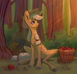 Size: 4500x4300 | Tagged: safe, artist:forcegreat, imported from derpibooru, applejack, earth pony, pony, apple, crepuscular rays, female, food, forest, solo, tree