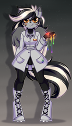 Size: 1705x2953 | Tagged: safe, artist:kannakiller, imported from derpibooru, oc, oc only, anthro, pegasus, fanfic:rainbow factory, badge, belt, clothes, dark background, digital art, dye, eyelashes, fanfic art, female, full body, gift art, gloves, golden eyes, jacket, lacing, liquid, liquid rainbow, looking at you, mare, paint, pegasus oc, pockets, robe, simple background, skirt, smiling, smiling at you, solo, spectra, stockings, tail, thigh highs, turtleneck, wings