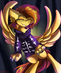 Size: 1424x1700 | Tagged: safe, artist:yuris, imported from derpibooru, oc, oc only, oc:yuris, hengstwolf, pegasus, pony, werewolf, brown mane, claws, clothes, ears back, eyes closed, forest, freckles, grin, halloween, holiday, hoodie, paws, sequins, simple background, smiling, solo, spread wings, wings, yellow skin