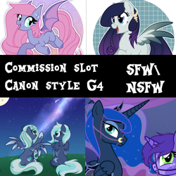 Size: 1500x1500 | Tagged: safe, artist:nika-rain, imported from derpibooru, princess luna, oc, bat pony, pegasus, pony, unicorn, advertisement, any gender, any race, any species, commission, commission info, moon, shooting star, show accurate, stars