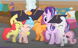 Size: 1123x688 | Tagged: safe, imported from derpibooru, screencap, apple bloom, cozy glow, scootaloo, starlight glimmer, sweetie belle, pony, marks for effort, bipedal, cropped, cutie mark crusaders, graduation cap, hat, smiling