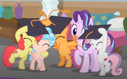 Size: 1097x689 | Tagged: safe, imported from derpibooru, screencap, apple bloom, cozy glow, scootaloo, starlight glimmer, sweetie belle, pony, marks for effort, bipedal, cropped, cutie mark crusaders, eyes closed, graduation cap, hat, smiling