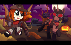 Size: 3250x2048 | Tagged: safe, artist:whitequartztheartist, imported from derpibooru, hybrid, pony, unicorn, borderlands, flying, halloween, holiday, jack-o-lantern, moon, nightmare night, pumpkin, tree