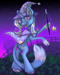 Size: 640x799 | Tagged: safe, artist:sainthorse, imported from derpibooru, trixie, cat, cat pony, original species, unicorn, bipedal, cape, clothes, ear fluff, fangs, female, fence, grass, hat, looking at you, night, open clothes, open shirt, outdoors, paw pads, paws, slit pupils, solo, species swap, starry eyes, starry night, tail, trixie's cape, trixie's hat, wand, wingding eyes