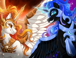 Size: 1025x780 | Tagged: safe, artist:phoenixfox96, imported from derpibooru, daybreaker, nightmare moon, alicorn, pony, armor, artfight, blue eyes, blue mane, colored pupils, curved horn, digital art, ear fluff, ethereal mane, eyelashes, eyeshadow, feather, female, flowing mane, glowing, glowing horn, helmet, hoof shoes, horn, looking at you, magic, makeup, mare, orange eyes, orange mane, peytral, royal sisters, siblings, sisters, smiling, spread wings, starry mane, stars, teeth, wing armor, wings