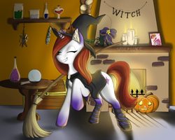 Size: 1350x1080 | Tagged: safe, artist:volpoune, imported from derpibooru, oc, oc only, pony, unicorn, brony, broom, candle, digital art, fireplace, halloween, hat, holiday, horn, jack-o-lantern, pumpkin, spooky, unicorn oc, witch hat