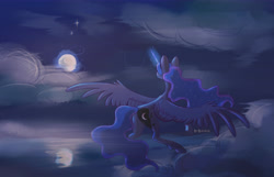 Size: 7000x4500 | Tagged: safe, artist:forcegreat, imported from derpibooru, princess luna, alicorn, pony, female, glowing, glowing horn, horn, moon, night, solo