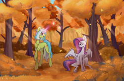Size: 3800x2500 | Tagged: safe, artist:forcegreat, imported from derpibooru, oc, oc only, pegasus, pony, unicorn, autumn, crepuscular rays, duo, female, forest, glowing, glowing horn, horn, leaves, pegasus oc, unicorn oc