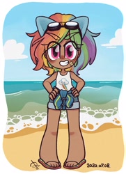 Size: 1482x2048 | Tagged: safe, artist:oc_ponys, imported from derpibooru, kotobukiya, rainbow dash, human, bandaid, beach, chibi, cloud, cute, dark skin, dashabetes, eye clipping through hair, eyebrows, eyebrows visible through hair, flip-flops, grin, hand on hip, humanized, kotobukiya rainbow dash, looking at you, okinawa, okinawan dash, sandals, smiling, smiling at you, solo, standing