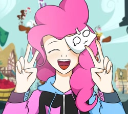 Size: 1210x1082 | Tagged: safe, artist:milkshakecatowo789, imported from derpibooru, pinkie pie, human, double peace sign, eyes closed, female, humanized, open mouth, open smile, peace sign, smiling, solo