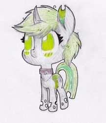 Size: 1171x1357 | Tagged: safe, artist:foxtrot3, imported from derpibooru, oc, oc only, oc:star strider, changeling, blushing, chibi, collar, solo, traditional art