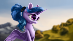 Size: 4000x2250 | Tagged: safe, artist:flusanix, imported from derpibooru, oc, oc only, alicorn, pony, alicorn oc, bow, female, hair bow, horn, mare, ponytail, scenery, solo, spread wings, wings