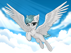 Size: 4000x3000 | Tagged: safe, artist:pinkerminty, imported from derpibooru, oc, oc only, pegasus, pony, female, flying, looking at you, mare, pegasus oc, solo, spread wings