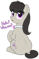 Size: 556x832 | Tagged: safe, artist:zippysqrl, imported from derpibooru, octavia melody, earth pony, pony, aggie.io, bowtie, dialogue, eye clipping through hair, female, huh, looking at you, looking back, looking back at you, mare, question, raised hoof, rear view, simple background, sitting, solo, transparent background