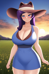 Size: 512x768 | Tagged: safe, imported from derpibooru, rarity, human, ai content, ai generated, anime, anime style, beautisexy, big breasts, blue dress, blue sky, blushing, breasts, busty rarity, cleavage, clothes, cowboy hat, cowgirl, curvy, farm, female, flower, generator:novelai, generator:stable diffusion, grass, grass field, hat, hourglass figure, huge breasts, humanized, looking at you, morning, mountain, mountain range, sexy, solo, stupid sexy rarity, sunrise, thicc thighs, thighs, wide hips