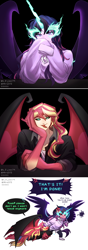 Size: 1400x3959 | Tagged: safe, artist:hiru3152, artist:lzjian79, imported from derpibooru, sci-twi, sunset shimmer, twilight sparkle, equestria girls, angry, begging, black sclera, blushing, claws, collaboration, cross-popping veins, dialogue, duo, emanata, female, forked tongue, lesbian, midnight sparkle, scitwishimmer, shipping, sunset satan, sunsetsparkle, teasing, tongue out, truth or dare, wings