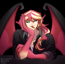 Size: 1400x1386 | Tagged: safe, artist:hiru3152, artist:lzjian79, imported from derpibooru, part of a set, sunset shimmer, equestria girls, black sclera, cropped, forked tongue, humanoid, sunset satan, tongue out