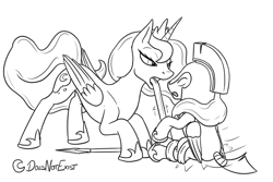 Size: 3000x2000 | Tagged: safe, artist:theandymac, imported from derpibooru, princess luna, oc, unnamed oc, alicorn, pegasus, pony, comic:luna noms her guards, armor, body armor, bondage, cartoon physics, comic, commission, crouching, crown, digestion, digestion without weight gain, dropped, duo, eaten alive, ethereal mane, ethereal tail, eyes closed, female, folded wings, gritted teeth, guard, guard armor, hammerspace, hammerspace belly, height difference, helmet, high res, hoof shoes, hungry, imminent death, implied death, implied digestion, impossibly long tongue, jewelry, lidded eyes, long mane, long tail, long tongue, lunapred, male, mare, missing accessory, monochrome, motion lines, no source available, open mouth, pegasus oc, post-vore, prehensile mane, prehensile tongue, princess shoes, raised hoof, regalia, royal guard, same size vore, signature, sitting, slim, spear, stallion, tail, tall, teeth, terrified, thin, tongue out, tongue wrap, unnamed character, unnamed pony, vore, vore sequence, wall of tags, weapon, wings