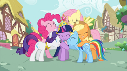 Size: 1920x1080 | Tagged: safe, imported from derpibooru, screencap, applejack, fluttershy, pinkie pie, rainbow dash, rarity, twilight sparkle, earth pony, pegasus, pony, unicorn, magical mystery cure, season 3, 1080p, ^^, big crown thingy, cute, dashabetes, diapinkes, element of magic, eyes closed, female, group hug, happiness, happy, hug, jackabetes, jewelry, mane six, mare, nuzzling, raribetes, regalia, shyabetes, smiling, twiabetes, unicorn twilight