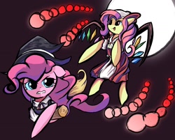 Size: 1987x1600 | Tagged: safe, artist:solid shrimp, imported from derpibooru, fluttershy, pinkie pie, bat pony, earth pony, pony, undead, vampire, bat ponified, clothes, cosplay, costume, crossover, dress, female, flandre scarlet, flutterbat, kirisame marisa, mare, race swap, touhou