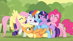 Size: 1920x1080 | Tagged: safe, imported from derpibooru, screencap, applejack, fluttershy, pinkie pie, rainbow dash, rarity, twilight sparkle, earth pony, pegasus, pony, unicorn, season 2, the return of harmony, 1080p, ^^, cute, diapinkes, eyes closed, female, group hug, happy, hug, jackabetes, mane six, mare, open mouth, raribetes, shyabetes, smiling, twiabetes, unicorn twilight