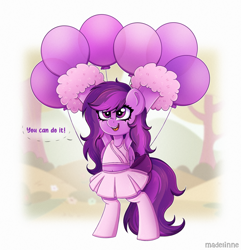 Size: 2300x2381 | Tagged: safe, artist:madelinne, imported from derpibooru, oc, oc only, oc:emilia starsong, pegasus, pony, balloon, cheerleader, cheerleader outfit, clothes, cute, female, happy, mare, open mouth, open smile, simple background, smiling, socks, solo, that pony sure does love balloons, thigh highs