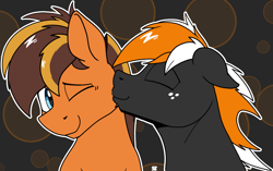 Size: 2397x1503 | Tagged: safe, artist:sefastpone, imported from derpibooru, oc, oc only, oc:mixtape, oc:se, earth pony, pony, abstract background, cheek kiss, digital art, freckles, gay, kissing, male, stallion