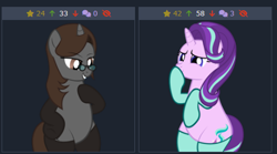 Size: 484x270 | Tagged: safe, artist:mrvector, imported from derpibooru, starlight glimmer, oc, oc:sonata, pony, unicorn, derpibooru, bipedal, clothes, cute, elements of justice, glimmerbetes, juxtaposition, juxtaposition win, meme, meta, socks, turnabout storm