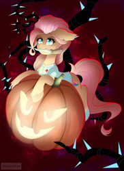 Size: 1280x1760 | Tagged: safe, artist:natanvok, imported from derpibooru, sunny starscout, earth pony, pony, black vine, g5, halloween, holiday, jack-o-lantern, knife, mouth hold, pumpkin, solo