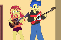 Size: 1280x854 | Tagged: safe, artist:studiodraw, imported from derpibooru, flash sentry, sunset shimmer, human, equestria girls, female, flashimmer, guitar, male, musical instrument, shipping, straight