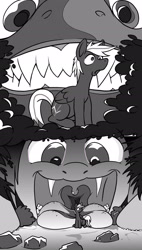 Size: 1280x2254 | Tagged: safe, artist:feedfancier, imported from derpibooru, oc, oc:cuteamena, oc:electric blue, bat pony, pony, black and white, electricute, fangs, grayscale, imminent vore, macro, mawshot, monochrome, open mouth, shipping, smiling, taste buds, this will not end well, tongue out, uvula