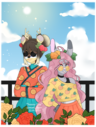 Size: 1500x2000 | Tagged: safe, artist:mari_deer, imported from derpibooru, oc, oc only, anthro, deer, reindeer, crossed arms, deer oc, duo, hand on hip, non-pony oc, reindeer oc, sunglasses