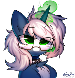 Size: 2862x3000 | Tagged: safe, artist:gicme, imported from derpibooru, oc, oc only, oc:passi deeper, pony, unicorn, bust, coat markings, collar, eyebrows, eyebrows visible through hair, fluffy, glasses, glowing, glowing horn, green eyes, horn, lidded eyes, looking at you, magic, magic aura, male, portrait, simple background, solo, spiked collar, stallion, telekinesis, transparent background, unicorn oc, watermark