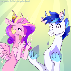 Size: 3000x3000 | Tagged: safe, artist:xjenn9, imported from derpibooru, princess cadance, shining armor, draconequus, draconequified, duo, duo male and female, female, grin, husband and wife, male, smiling, species swap