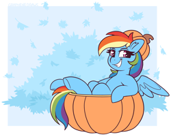 Size: 2550x2050 | Tagged: safe, artist:graphene, imported from derpibooru, part of a set, rainbow dash, pegasus, pony, abstract background, cute, dashabetes, female, leaves, looking at you, mare, pumpkin, sitting, smiling, smiling at you, solo, spread wings, wings